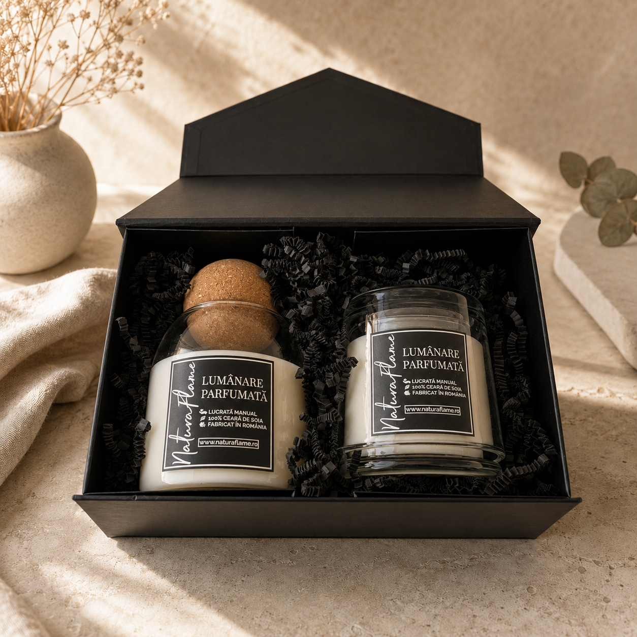 Set Cadou Whisper · Lumânare artizanală din ceară de soia NaturaFlame
